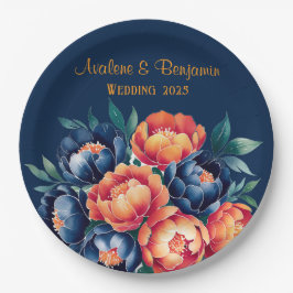 Navy Blue en Oranje Peony Flower Wedding Papieren Bordje