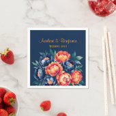 Navy Blue en Oranje Peony Flower Wedding Servet (Insitu)