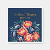 Navy Blue en Oranje Peony Flower Wedding Servet (Voorkant)