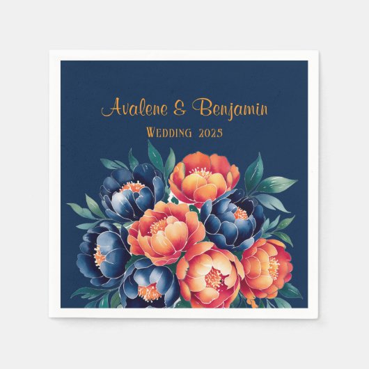 Navy Blue en Oranje Peony Flower Wedding Servet (Voorkant)