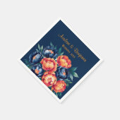 Navy Blue en Oranje Peony Flower Wedding Servet (Hoek)