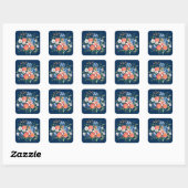 Navy Blue en Oranje Peony Flower Wedding Vierkante Sticker (Vel)