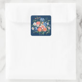 Navy Blue en Oranje Peony Flower Wedding Vierkante Sticker (Tas)