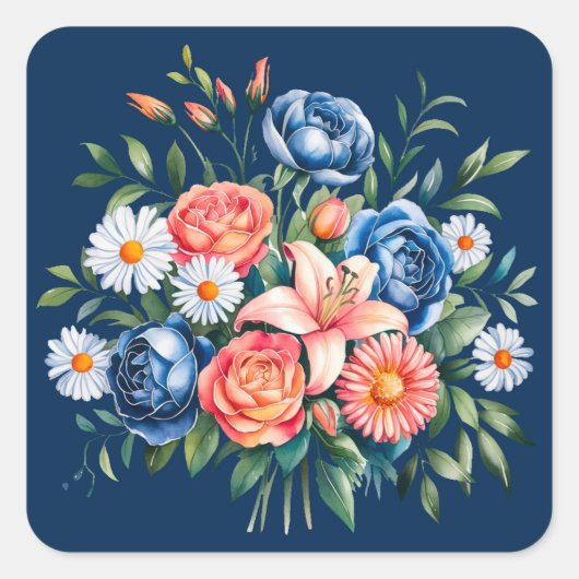 Navy Blue en Oranje Peony Flower Wedding Vierkante Sticker (Voorkant)