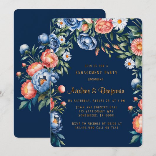 Navy Blue en Oranje Pioen Verlovingsfeest Kaart (Voorkant / Achterkant)