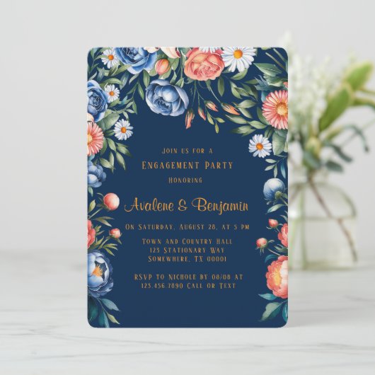 Navy Blue en Oranje Pioen Verlovingsfeest Kaart (Staand voorkant)