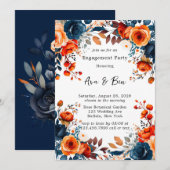 Navy Blue en Oranje Pioen Verlovingsfeest Kaart (Voorkant / Achterkant)