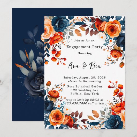 Navy Blue en Oranje Pioen Verlovingsfeest Kaart (Voorkant / Achterkant)