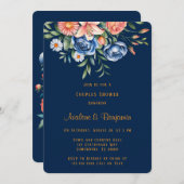 Navy Blue en Oranje Pioenenparen Douche Kaart (Voorkant / Achterkant)