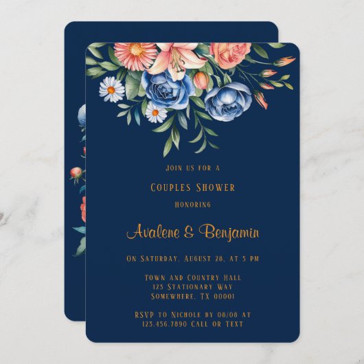 Navy Blue en Oranje Pioenenparen Douche Kaart (Voorkant / Achterkant)