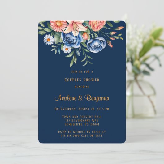 Navy Blue en Oranje Pioenenparen Douche Kaart (Staand voorkant)