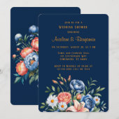 Navy Blue en Oranje pioenroos huwelijksdouche Kaart (Voorkant / Achterkant)