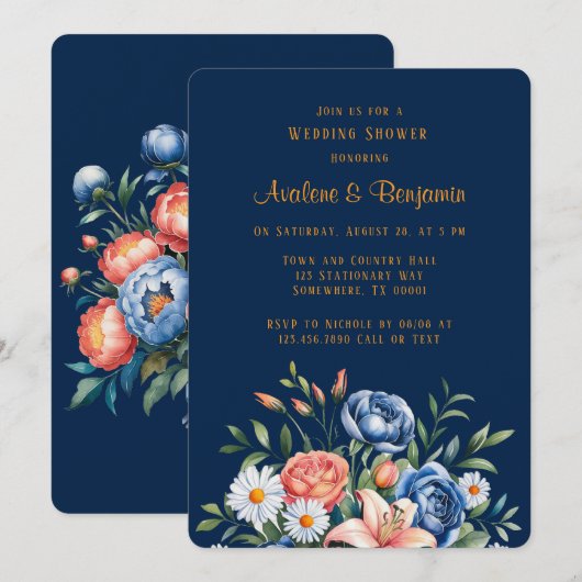 Navy Blue en Oranje pioenroos huwelijksdouche Kaart (Voorkant / Achterkant)