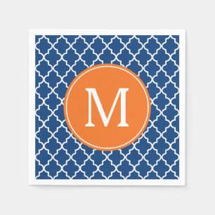 Navy Blue en Oranje Quatrefoil Monogram Servet