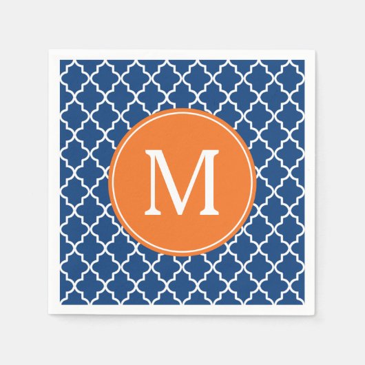 Navy Blue en Oranje Quatrefoil Monogram Servet (Voorkant)