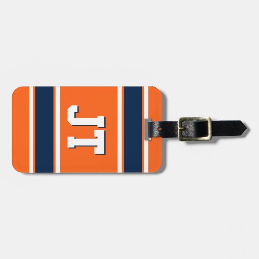Navy Blue en Oranje sportStripes gepersonaliseerd Bagagelabel (Voorkant horizontaal)