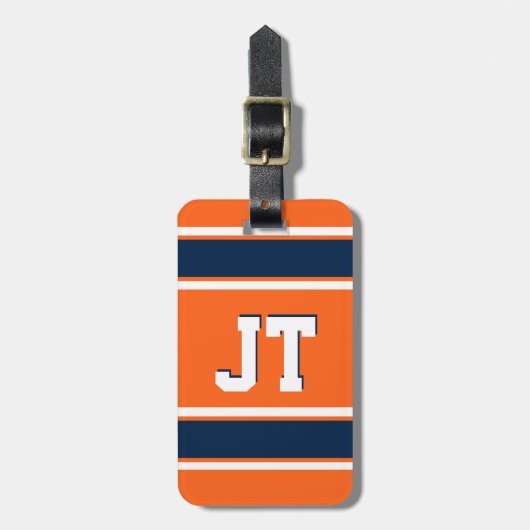 Navy Blue en Oranje sportStripes gepersonaliseerd Bagagelabel (Voorkant verticaal)