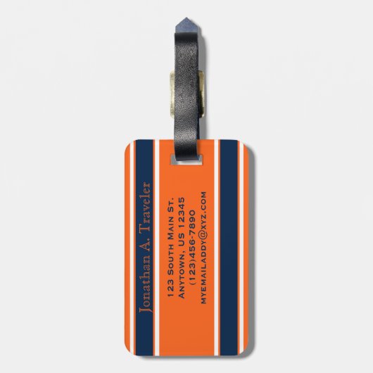 Navy Blue en Oranje sportStripes gepersonaliseerd Bagagelabel (Achterkant verticaal)