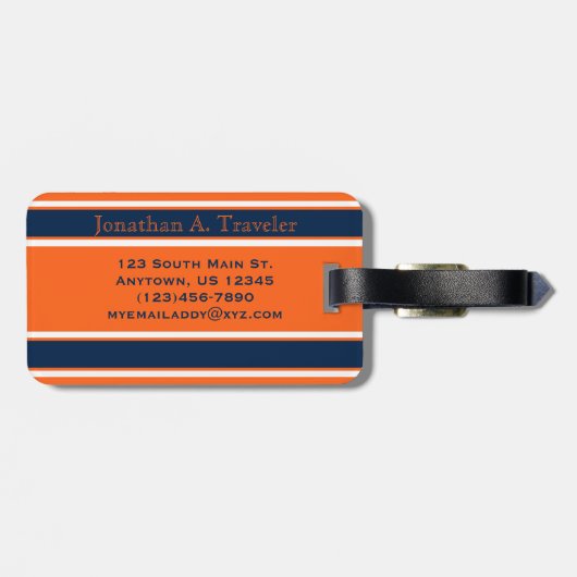 Navy Blue en Oranje sportStripes gepersonaliseerd Bagagelabel (Achterkant horizontaal)