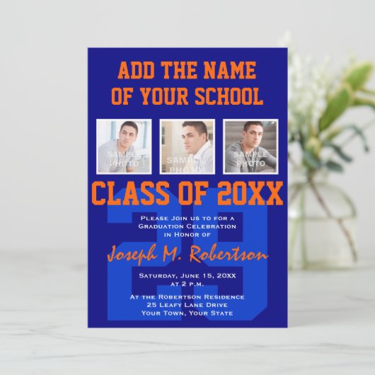 Navy Blue en Oranje Team Afstuderen Sports Event Kaart (Staand voorkant)