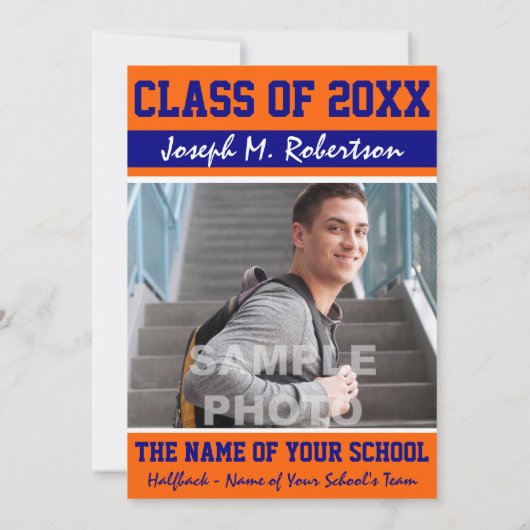 Navy Blue en Oranje Team Afstuderen Sports Event Kaart (Achterkant)