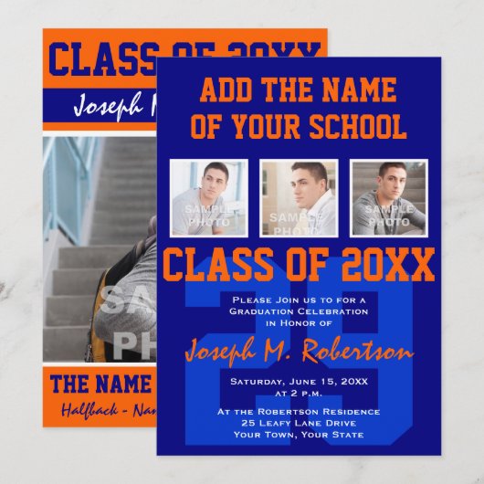 Navy Blue en Oranje Team Afstuderen Sports Event Kaart (Voorkant / Achterkant)