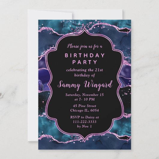 Navy Blue en Paars Glitter Ocean Agate Birthday Kaart (Voorkant)