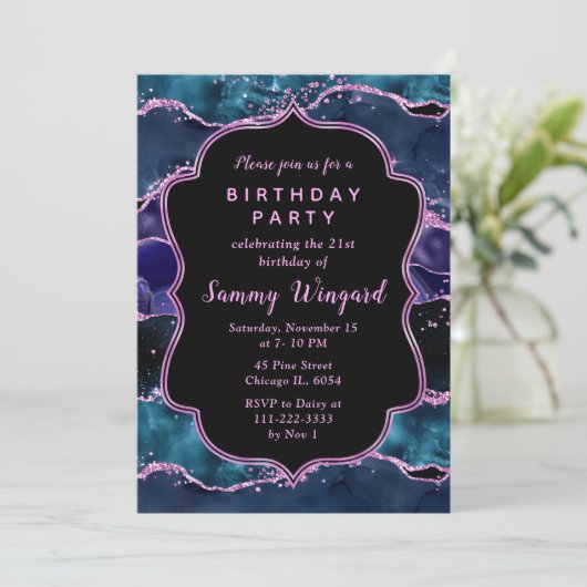 Navy Blue en Paars Glitter Ocean Agate Birthday Kaart (Staand voorkant)