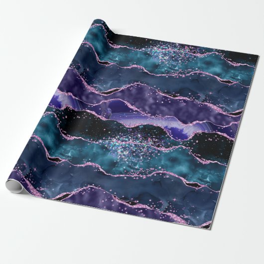 Navy Blue en Paars Glitter Ocean Agate Cadeaupapier (Uitgerold)
