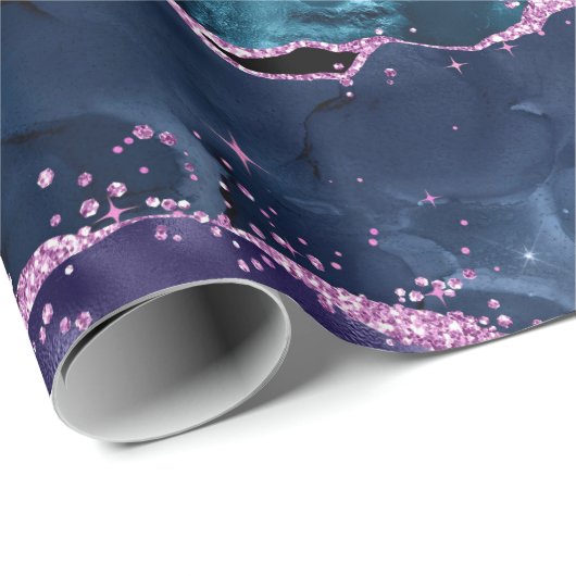 Navy Blue en Paars Glitter Ocean Agate Cadeaupapier (Rol Hoek)