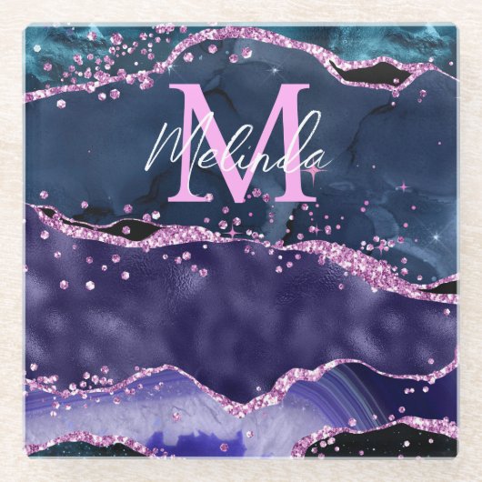 Navy Blue en Paars Glitter Ocean Agate Glazen Onderzetter (Voorkant)