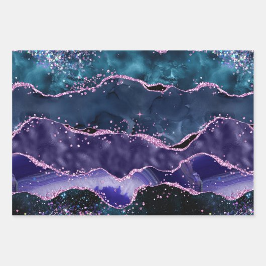 Navy Blue en Paars Glitter Ocean Agate Inpakpapier Vel (Voorkant 2)