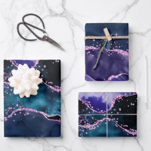 Navy Blue en Paars Glitter Ocean Agate Inpakpapier Vel