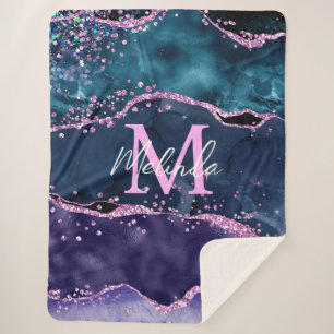 Navy Blue en Paars Glitter Ocean Agate Sherpa Deken
