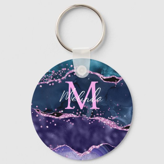 Navy Blue en Paars Glitter Ocean Agate Sleutelhanger (Voorkant)