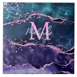 Navy Blue en Paars Glitter Ocean Agate Tegeltje