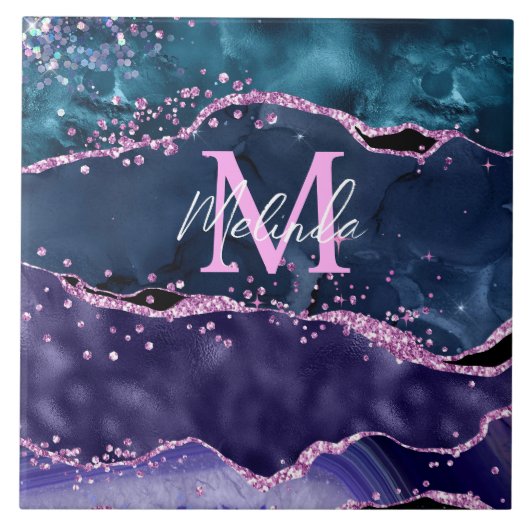 Navy Blue en Paars Glitter Ocean Agate Tegeltje (Voorkant)