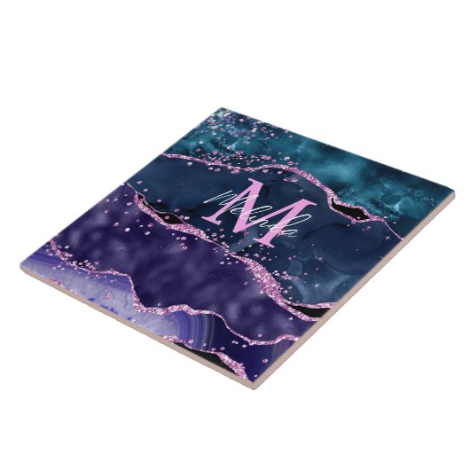 Navy Blue en Paars Glitter Ocean Agate Tegeltje (Zijkant)