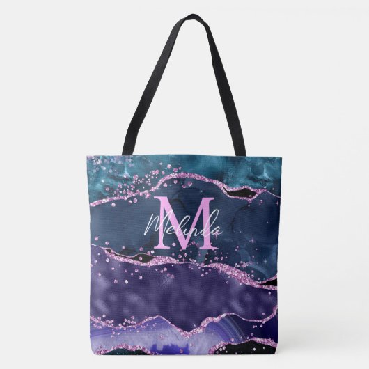 Navy Blue en Paars Glitter Ocean Agate Tote Bag (Voorkant)