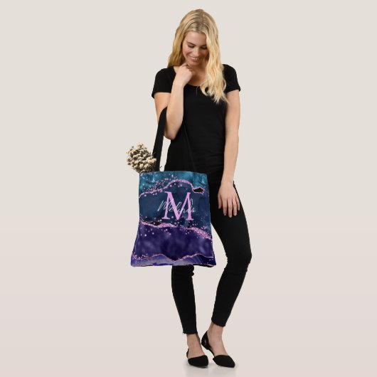 Navy Blue en Paars Glitter Ocean Agate Tote Bag (Op model)