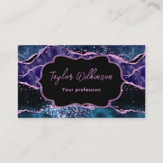 Navy Blue en Paars Glitter Ocean Agate Visitekaartje (Voorkant)