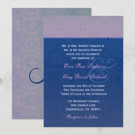 Navy Blue en Paars Lace Wedding F328 Kaart (Voorkant / Achterkant)