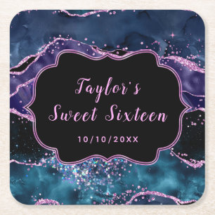 Navy Blue en Paarse Ocean Agaat Sweet Sixteen Kartonnen Onderzetters