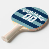 Navy Blue en Pastel Rugby Stripes Name Number Tafeltennisbatje (Voorkant Gekanteld)