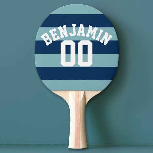 Navy Blue en Pastel Rugby Stripes Name Number Tafeltennisbatje