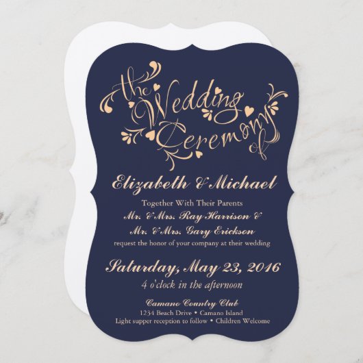 Navy Blue en Peach bruiloft uitnodiging (Voorkant / Achterkant)