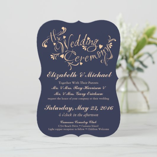 Navy Blue en Peach bruiloft uitnodiging (Staand voorkant)