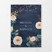 Navy Blue en Peach Floral Photo QR Code Weddenscha Drieluik Uitnodiging (Cover)