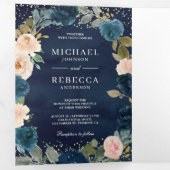 Navy Blue en Peach Floral Photo QR Code Weddenscha Drieluik Uitnodiging (Binnenzijde eerst)