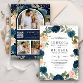 Navy Blue en Peach Floral Photo QR Code Weddenscha Kaart